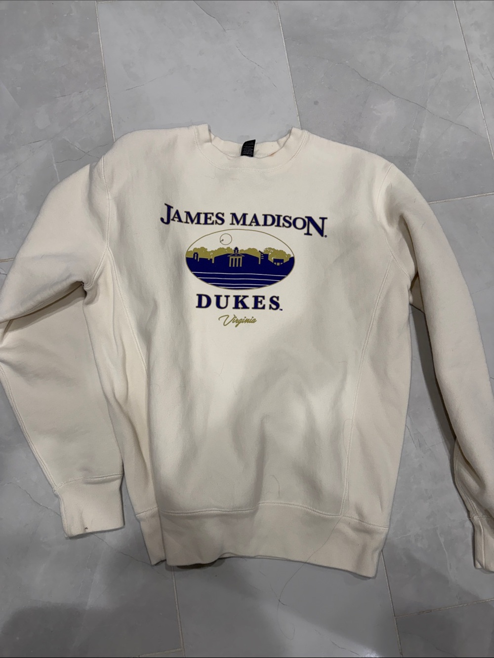 Madison Cream Crewneck with Navy & Gold Dukes Emblem